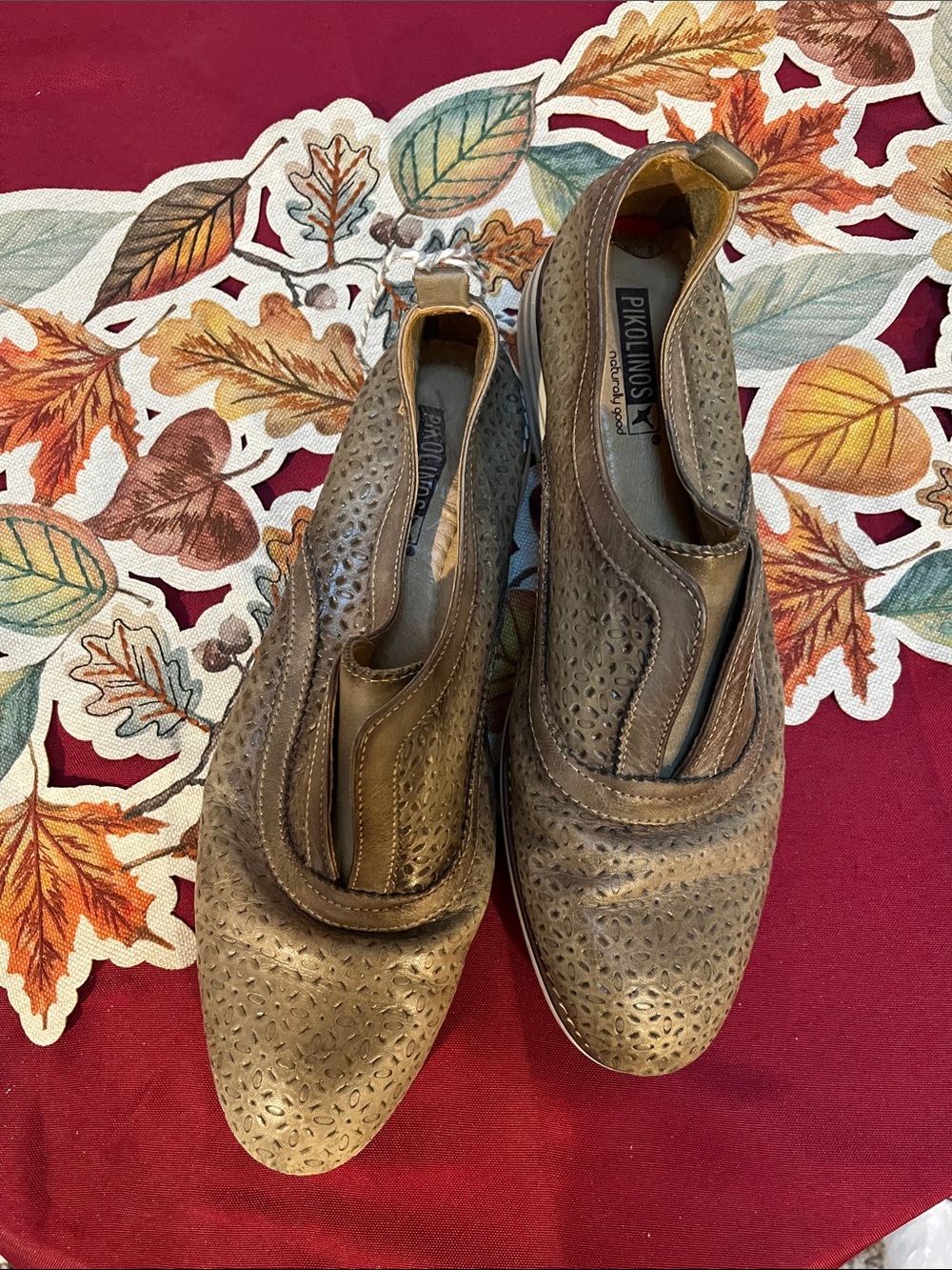 PIKOLINOS Women's Perforated Tan Leather Slip-On Flats